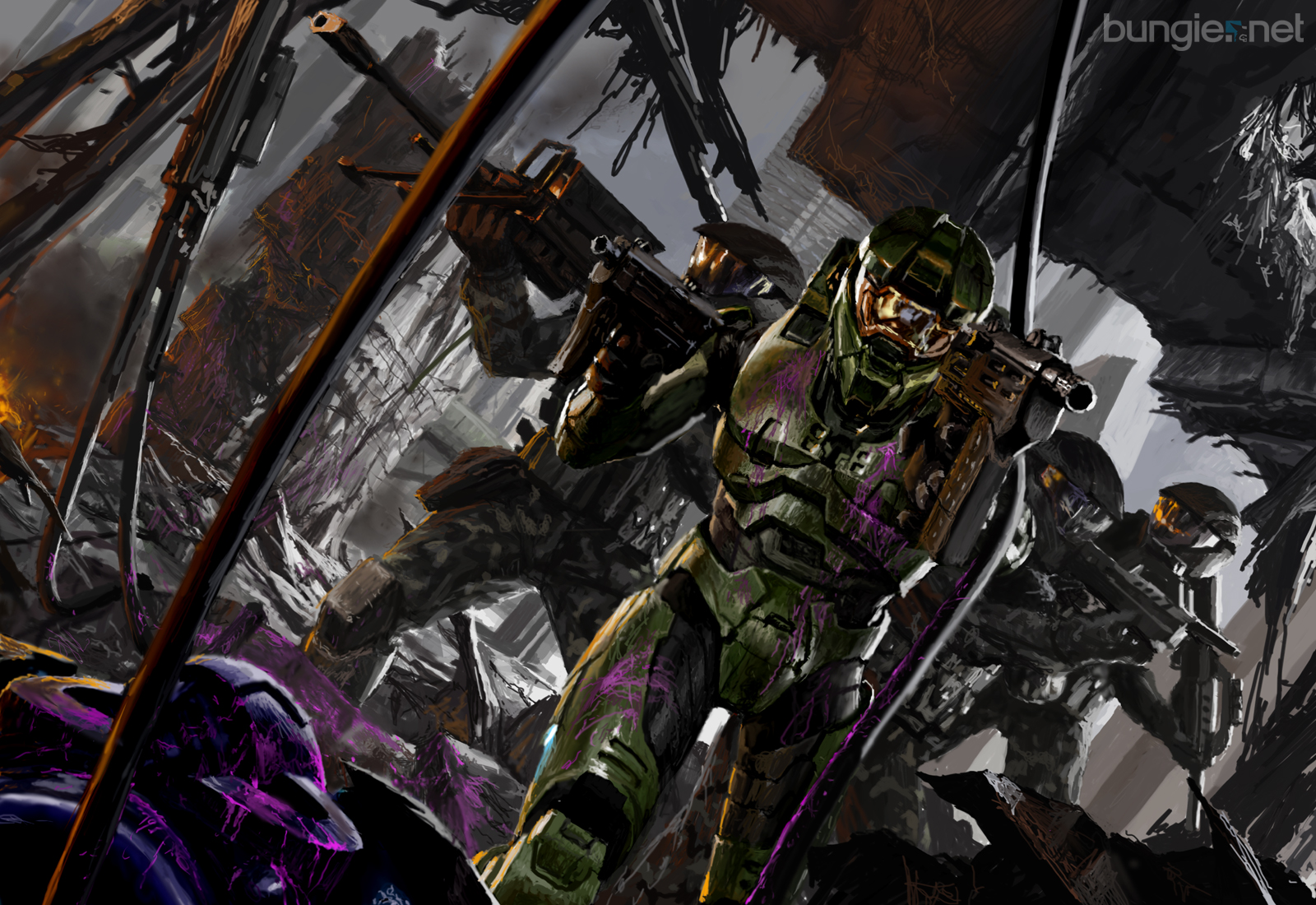 Arte conceptual de Halo 2 con el Jefe Maestro y soldados ODST en Nueva Mombasa